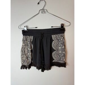 Mossimo Womens Small Charcoal Grey Boho Fringe Medallion Rayon Shorts Smocked S